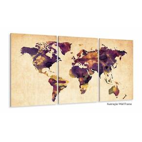Quadro Mapa Mundi Colorido Vintage Em Tecido 3 Peças 125x60