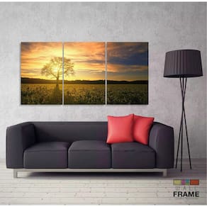 Quadro Decorativo Campo Natureza Árvore Nascer do Sol 3 Peça