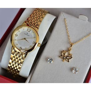 Relogio Champion Feminino Pequeno Dourado Ch24857b + Kit Semi Joia