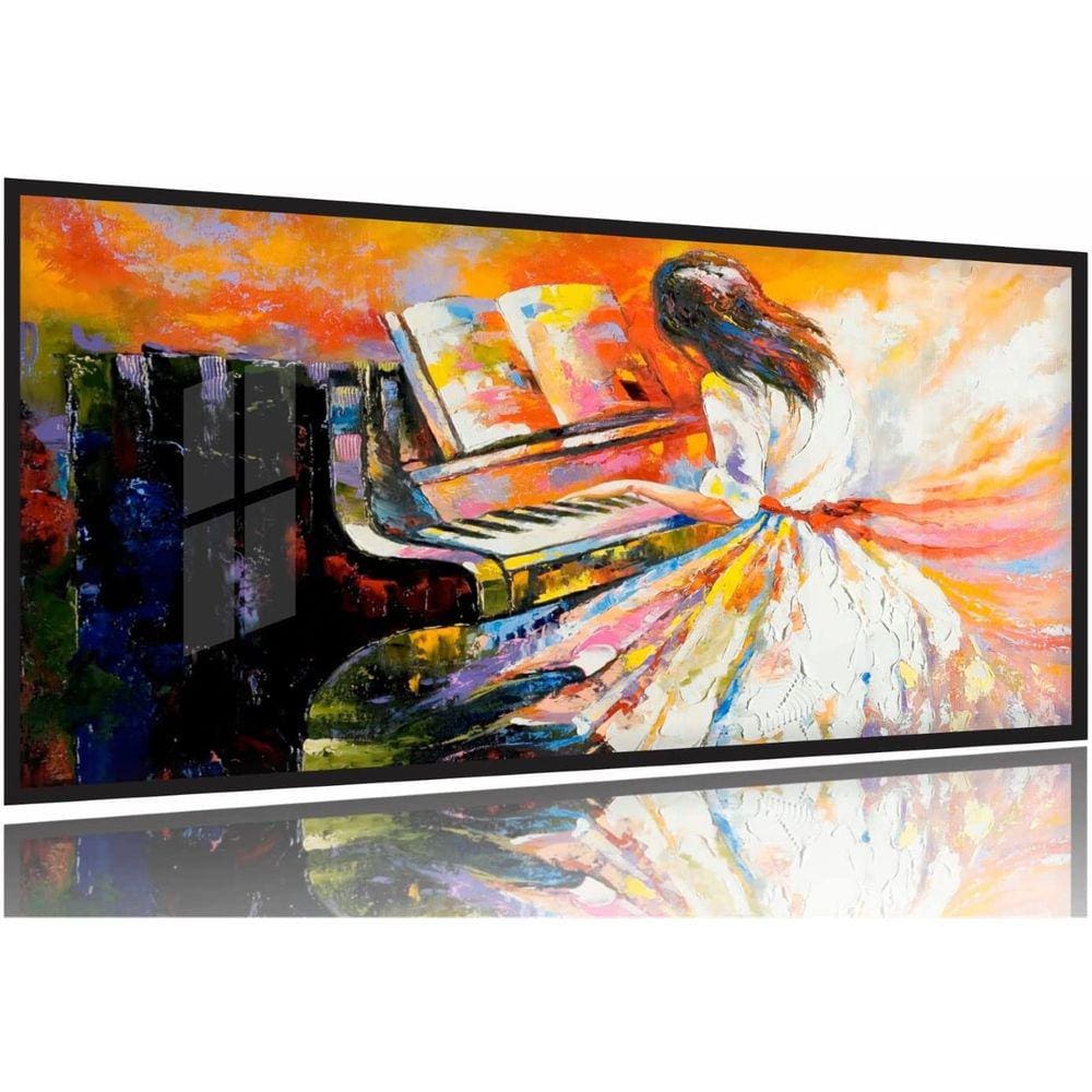 Quadro Decorativo Pintura Mulher Tocando Piano 130x60 Moldura Preta 2x2