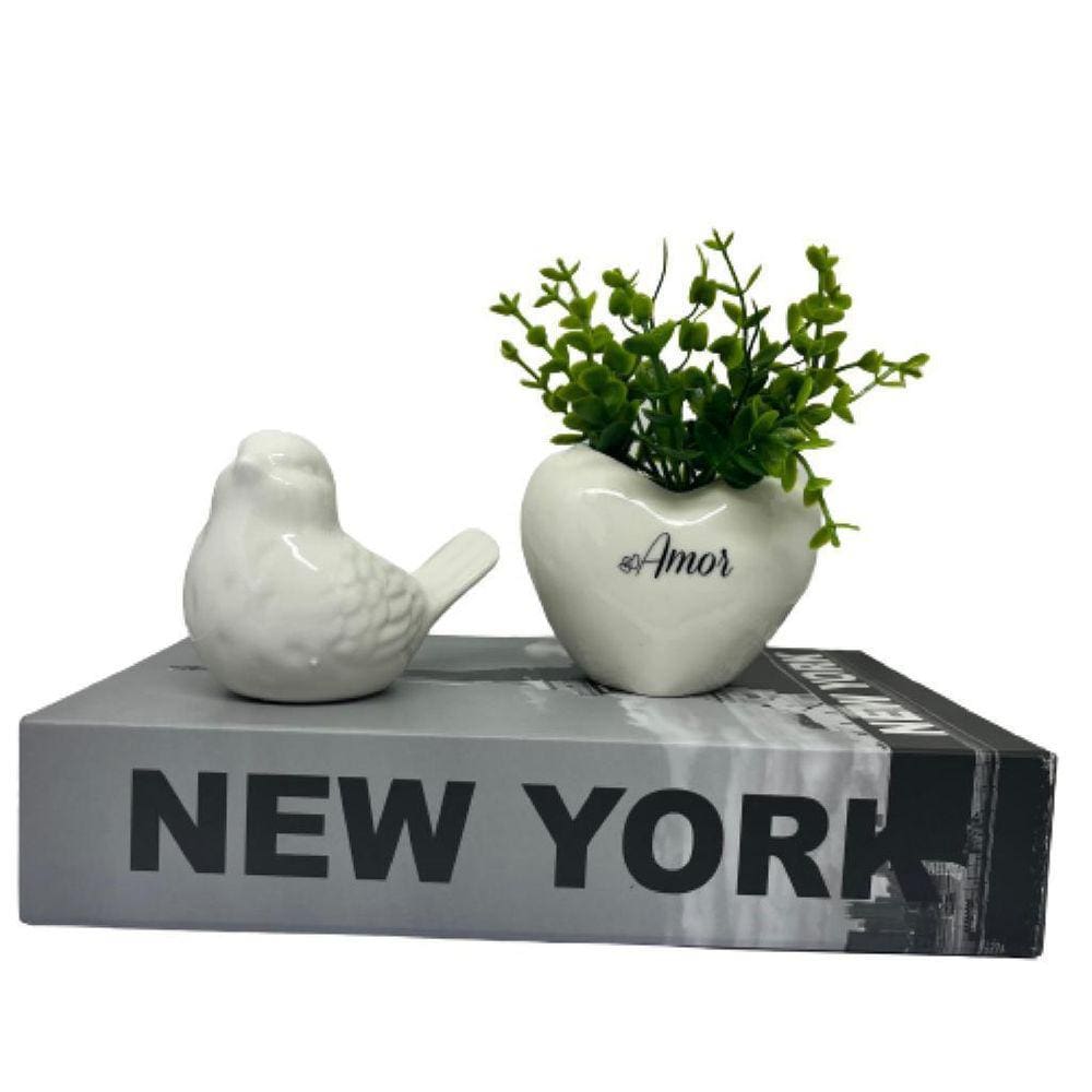 Kit decoração livro New York + vaso coração + pássaro branco