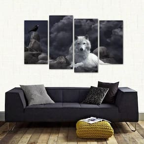 Quadro Decorativo Lobo Branco Artístico Em Tecido 4 Peças