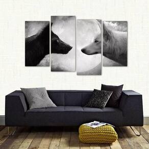 Quadro Decorativo Lobo Preto E Branco Mosaico Tecido 4 Peças