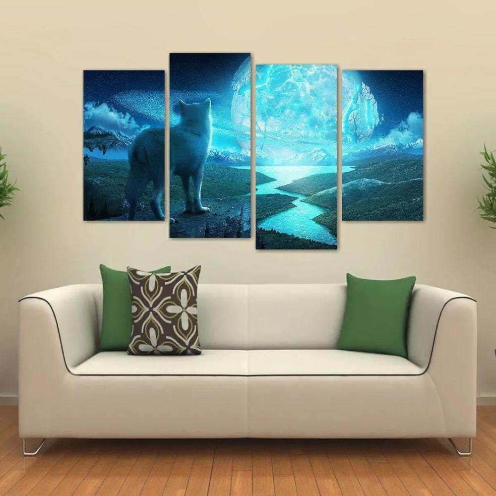 Quadro Decorativo Lobo Artístico Sala Em Tecido 4 Peçases