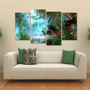 Quadro Paisagem Artístico Pavão Sala Em Tecido 4 Peças 1