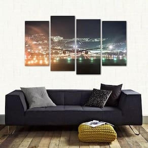 Quadro Paisagem Noturna Avião Escritório Em Tecido 4 Peças