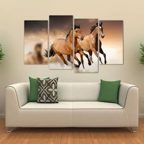 Quadro Paisagem Manada De Cavalos Mosaico Em Tecido 4 Peças