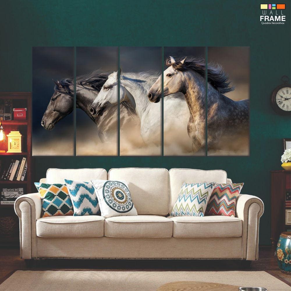 Quadro Decorativo 3 Cavalos 5 peças 140x65