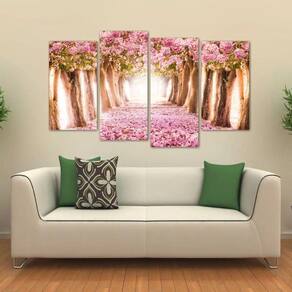 Quadro Paisagem Flores Rosa Mosaico Em Tecido 4 Peças 1