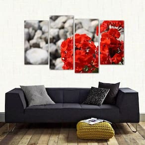 Quadro Decorativo Flores Vermelha Sala Em Tecido 4 Peçase