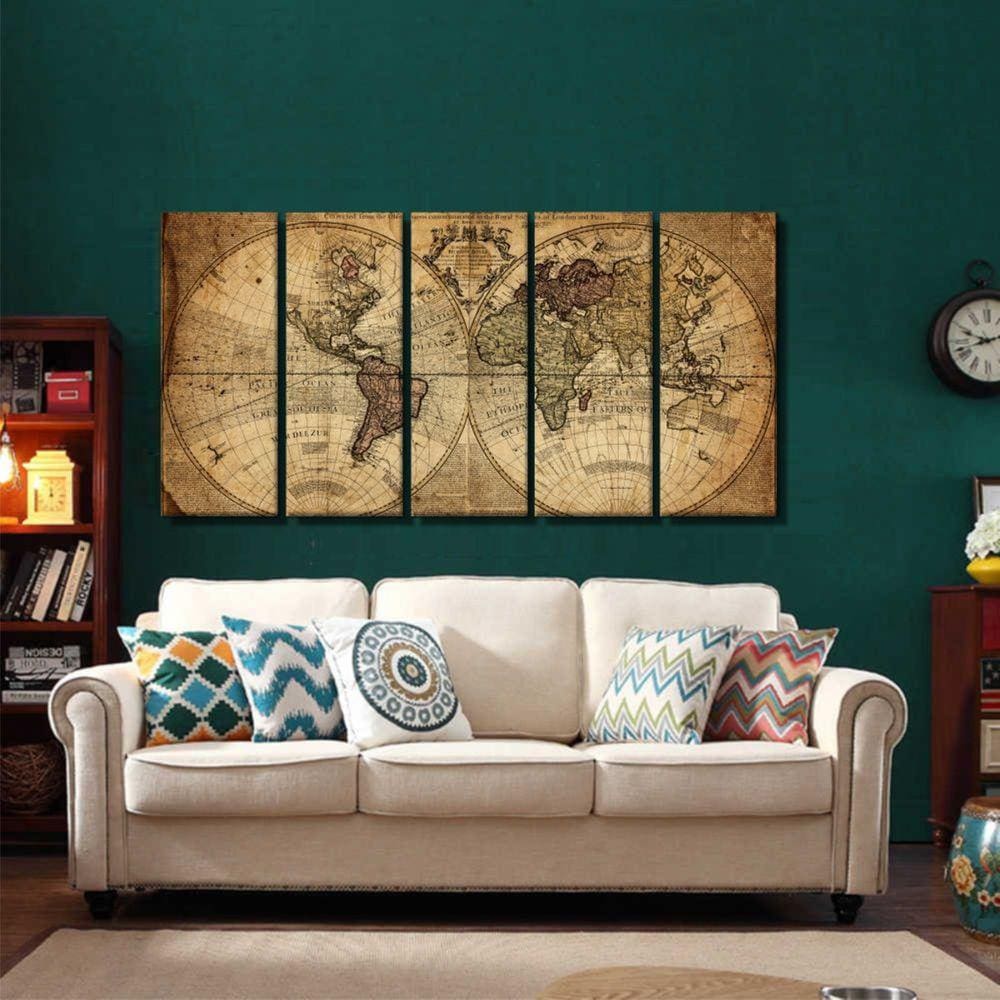Quadro Decorativo Mapa Mundi Retro 140x65 em tecido