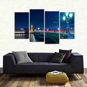 Quadro Paisagem Noturna Londres Big Ben Em Tecido 4 Peças