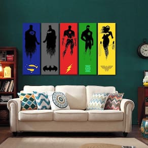 Quadro Moderno Liga Da Justiça 5 Peças 150 X 65cm Tecido