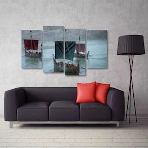 Quadro Decorativo Barco Da Série Vikings Sala Tecido 4 Peças