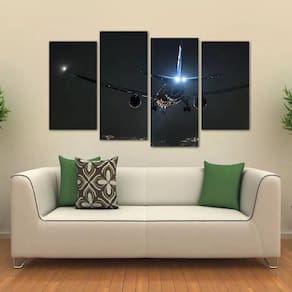 Quadro Paisagem Noturna Avião Mosaico Em Tecido 4 Peças