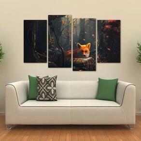 Quadro Decorativo Artístico Raposa Mosaico Em Tecido 4 Peças