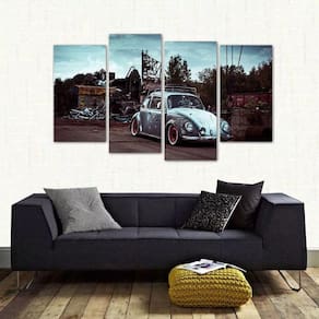 Quadro Decorativo Carro Antigo Fusca Sala Em Tecido 4 Peças
