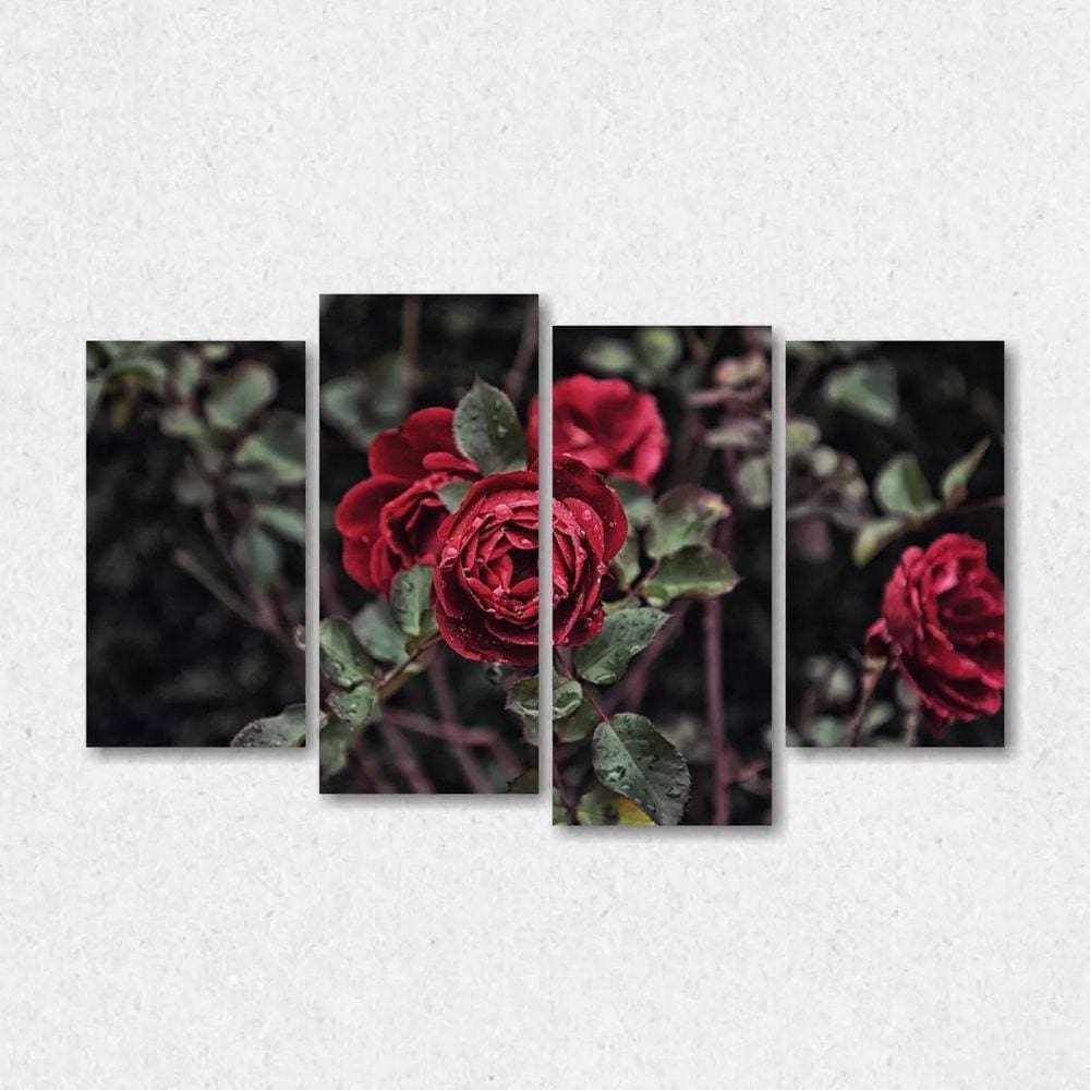Quadro Decorativo Flor Vermelha Sala Em Tecido 4 Peçasesu