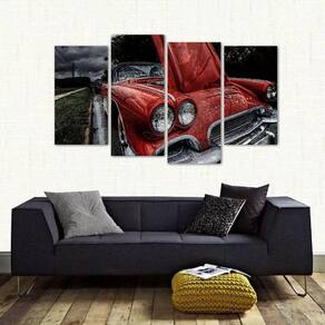 Quadro Decorativo Carro Antigo Vermelho Em Tecido 4 Peças