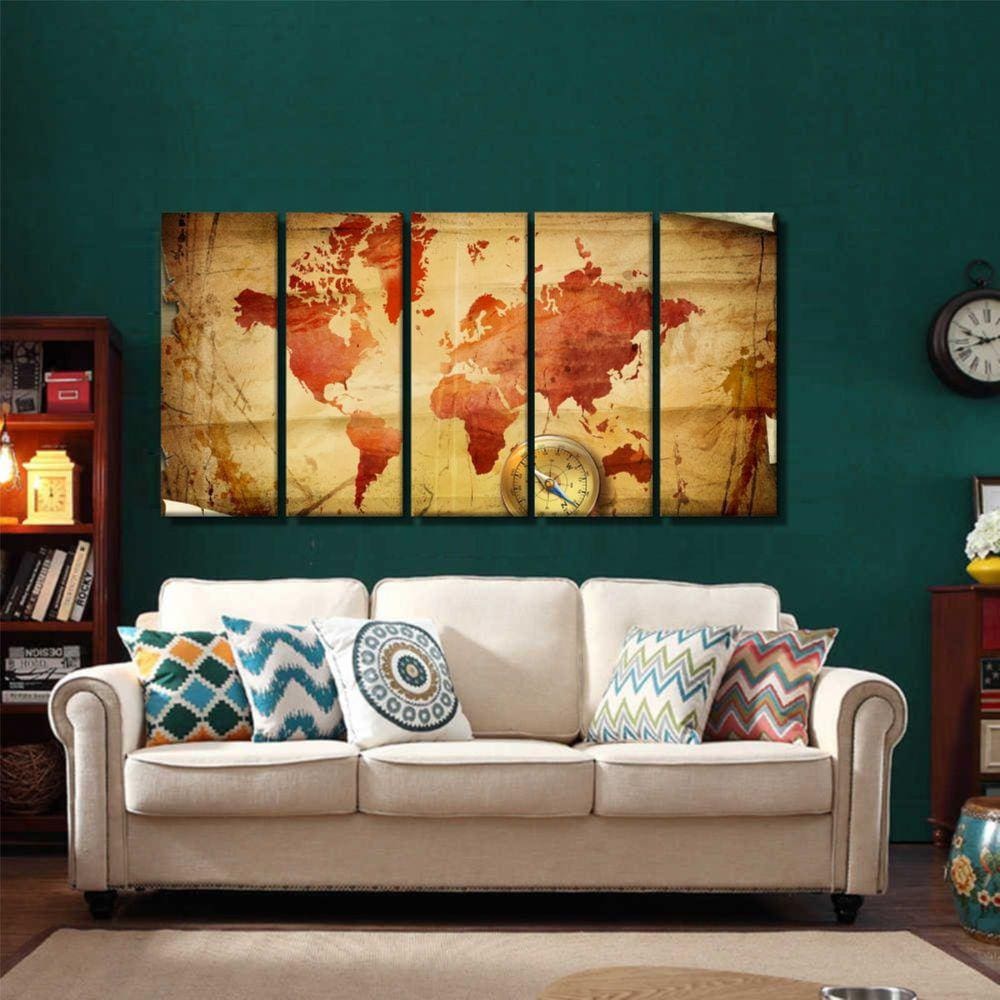 Quadro Decorativo Mapa Mundi Retro 140x65 em tecido m06