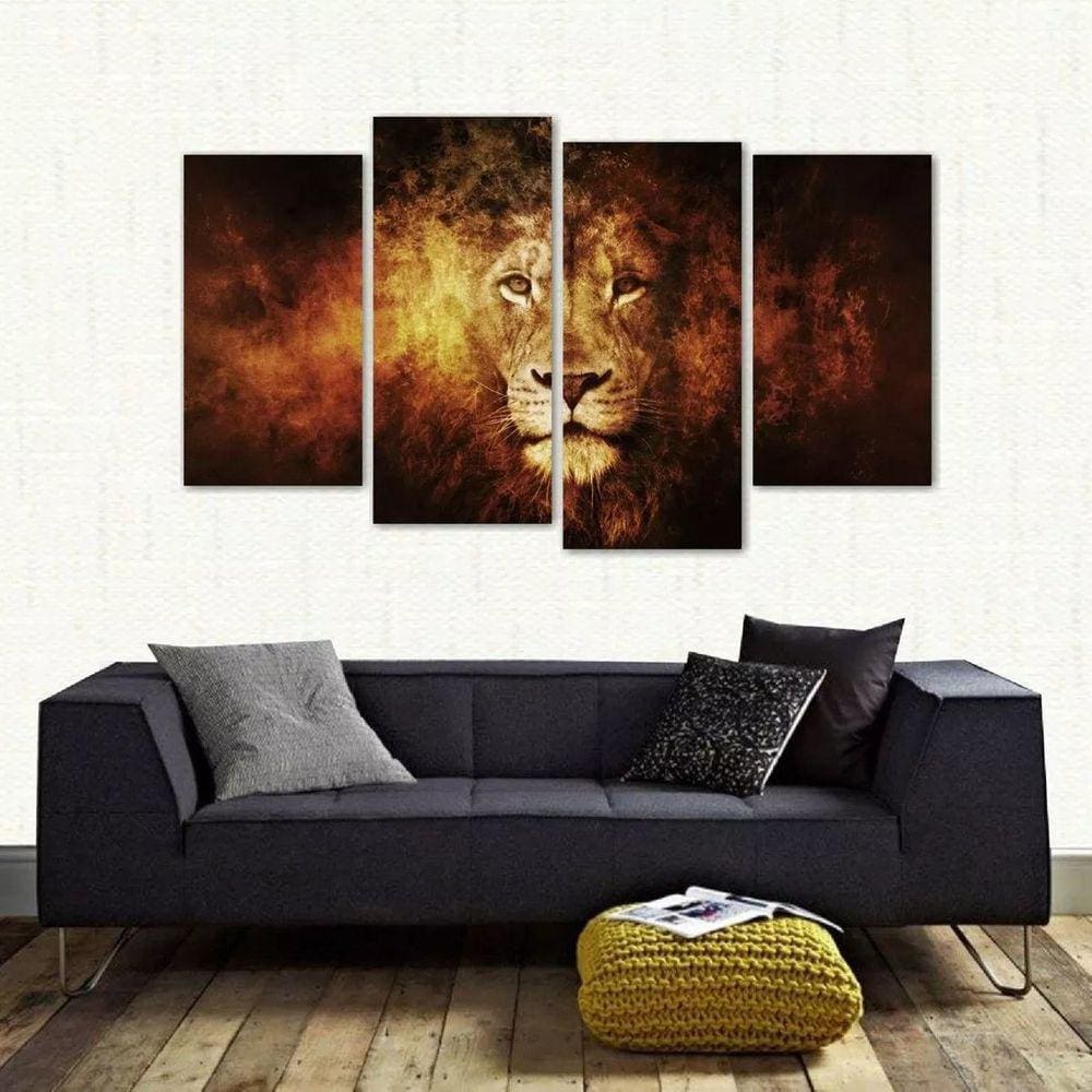 Quadro Decorativo Leão Escritório 4 Peças Em Tecido