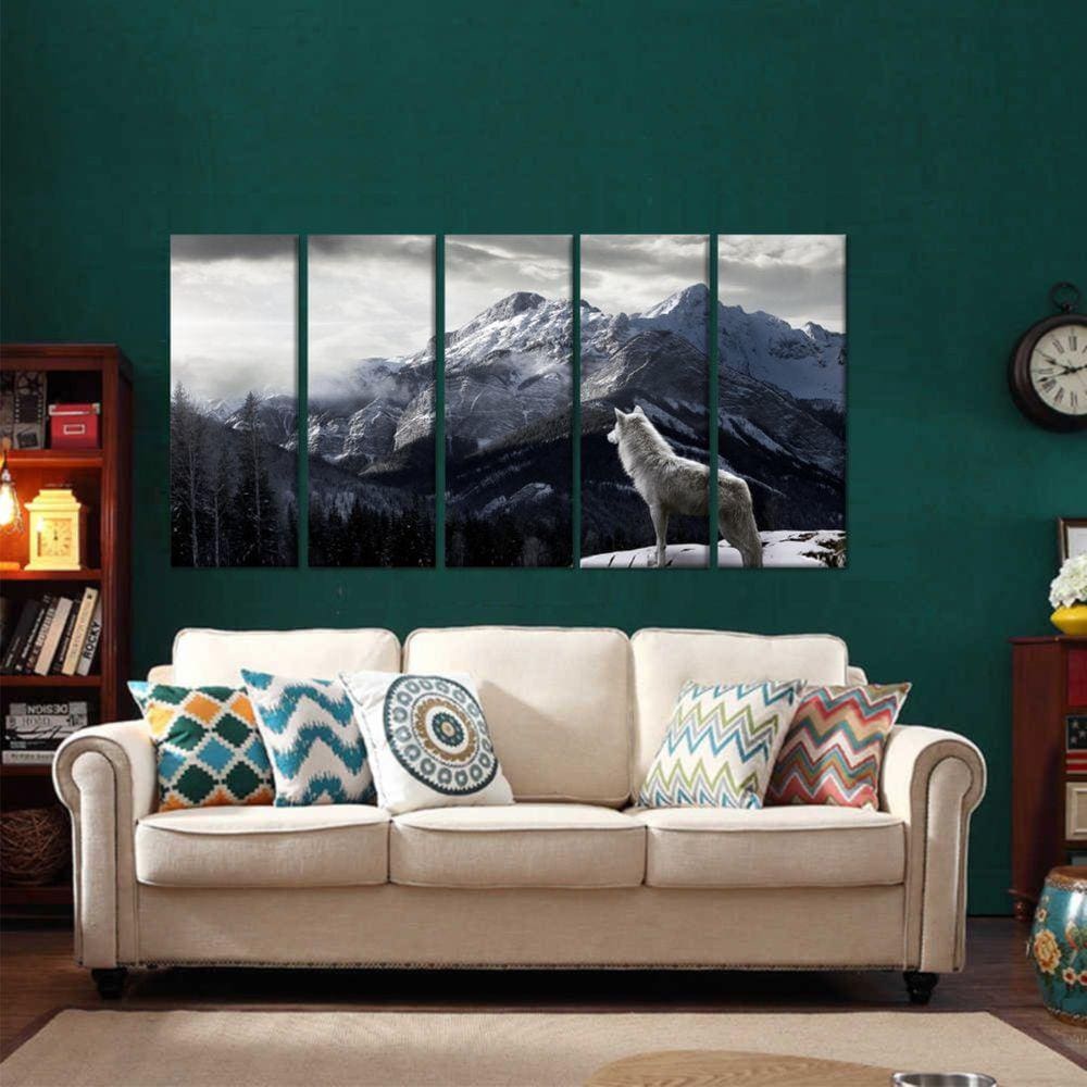 Quadro Decorativo Lobo e Montanha 140x65 em tecido