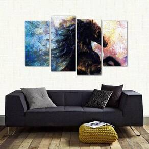 Quadro Decorativo Cavalo Preto Escritório Em Tecido 4 Peças