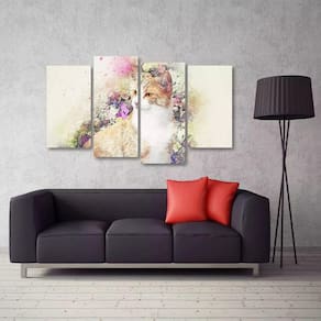 Quadro Decorativo Gato Artístico Quarto Em Tecido 4 Peças