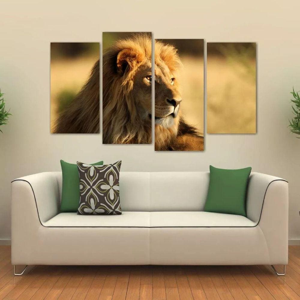 Quadro Decorativo Leão Paisagem Animais Em Tecido 4 Peças