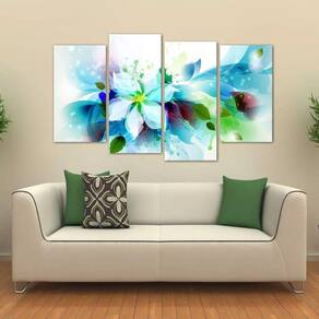 Quadro Decorativo Flor Azul Mosaico Em Tecido 4 Peças