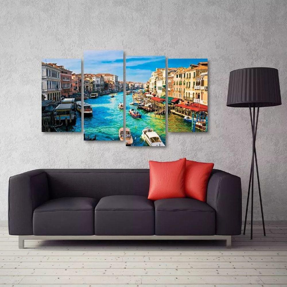 Quadro Decorativo Paisagem Veneza Escritório Tecido 4 Peças