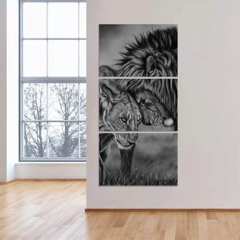 Quadro Leão Arte Preto E Branco Vertical Para Corredor Sala