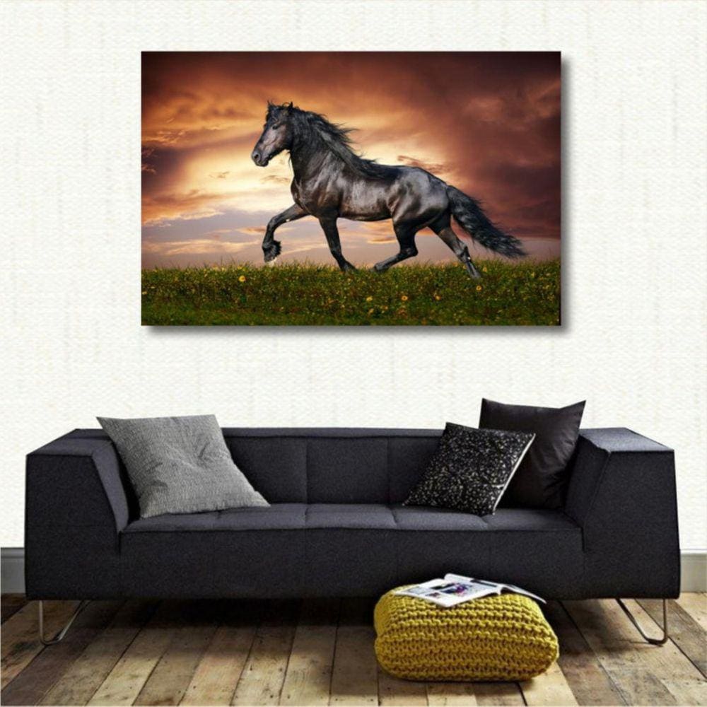 Quadro decorativo Cavalo Preto Campo Para Sala Escritório 1
