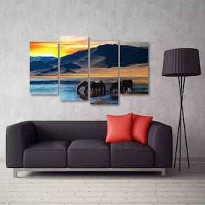 Quadro Decorativo Paisagem Cavalo Montanha Em Tecido 4 Peças
