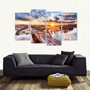Quadro Decorativo Paisagem Por Do Sol Sala Em Tecido 4 Peças