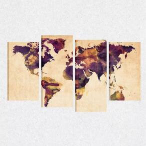 Quadro Mapa Mundi Colorido Vintage Em Tecido 4 Peças 1
