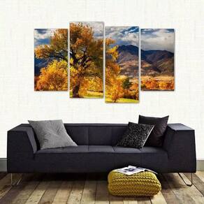 Quadro Decorativo Paisagem Árvore Amarela Em Tecido 4 Peças