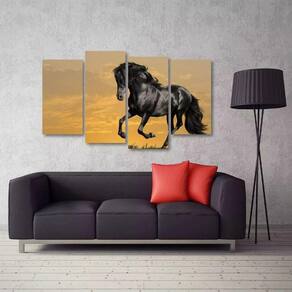 Quadro Decorativo Paisagem Cavalo Preto Sala Tecido 4 Peças