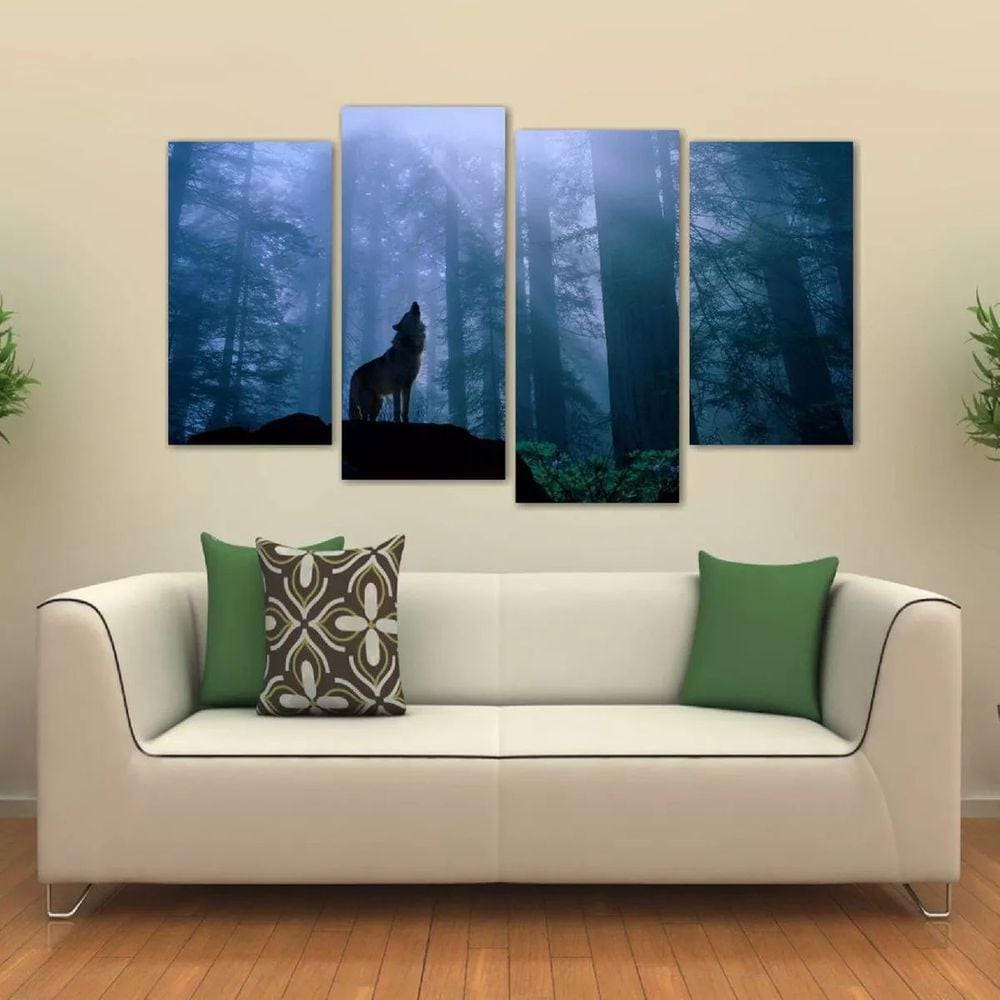 Quadro Decorativo Paisagem Lobo Uivando Sala Tecido 4 Peças