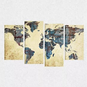 Quadro Mapa Mundi Decorativo Vintage Telas Em Tecido 4 Peças