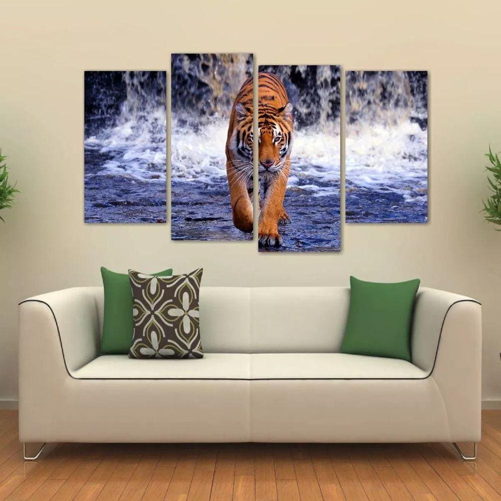 Quadro Decorativo Tigre Sala Mosaico Em Tecido 4 Peças 1