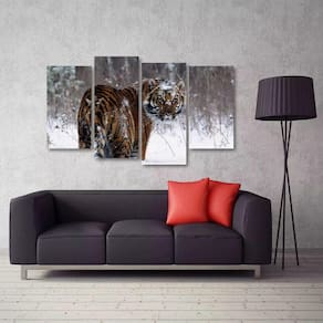 Quadro Decorativo Tigre Na Neve Mosaico Em Tecido 4 Peças 1