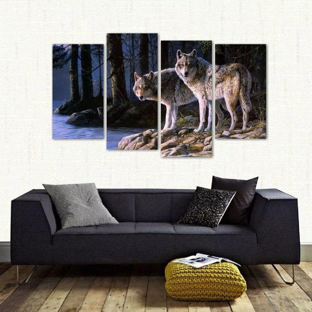 Quadro Decorativo Paisagem Lobos Escritório Tecido 4 Peças 1