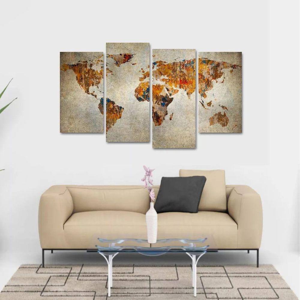 Quadro Decorativo Mapa Mundi Vintage Retrô Em Tecido 4 Peças