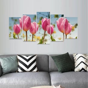 Quadro Flor Tulipas Rosas Mosaico 5 Peças Para Quarto Sala