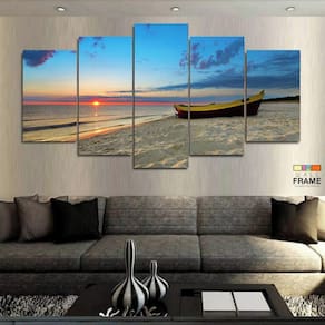 Quadro Decorativo Praia Mar Barco 130x63 em tecido