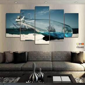 Quadro Decorativo Praia Navio Garrafa 130x63 em tecido
