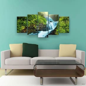 Quadro Decorativo Cachoeira Árvores 5pc 129x61 Sala Quarto