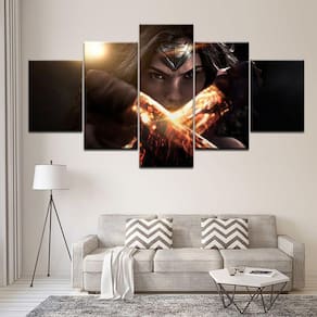 Quadro Decorativo mulher-maravilha 5 peças 130x65 cm em teci