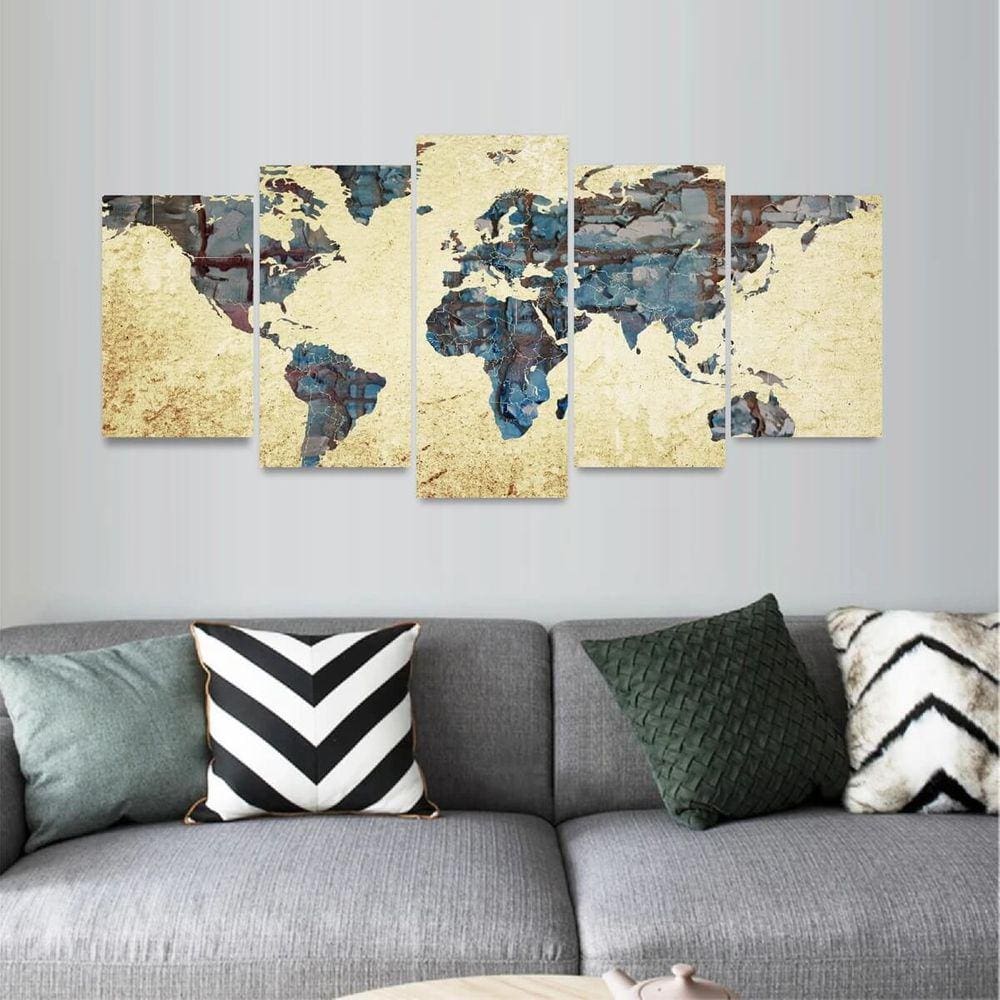 Quadro Mapa Mundi Vintage Mosaico 5 Peças
